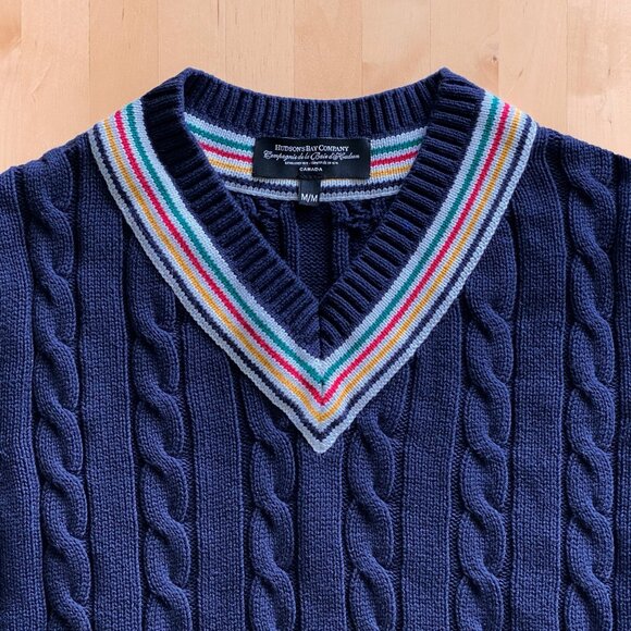 HBC V-Neck Cable Knit Sweater Men's Medium - Picture 2 of 5